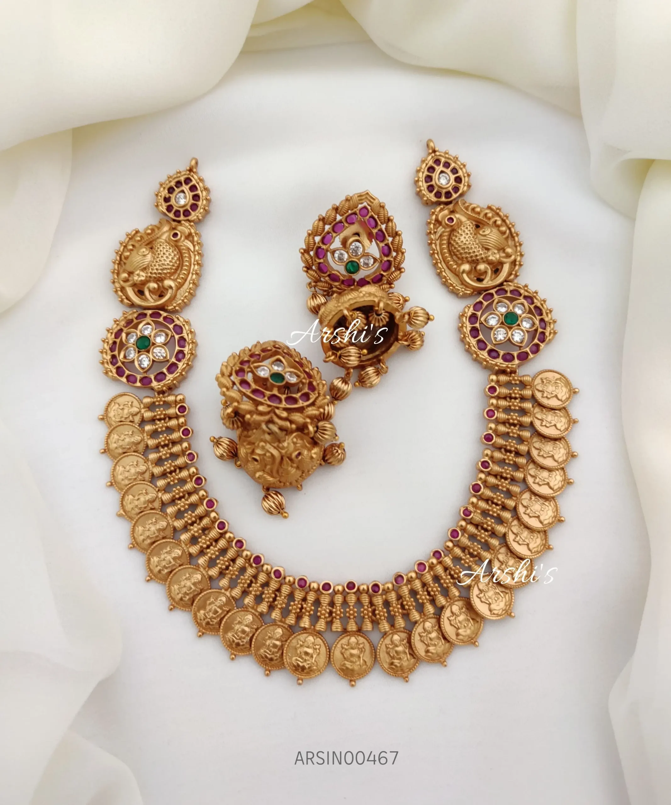 Red Green Lakshmi Gold Coin Temple Antique Necklace Earring Set – ZIVOM