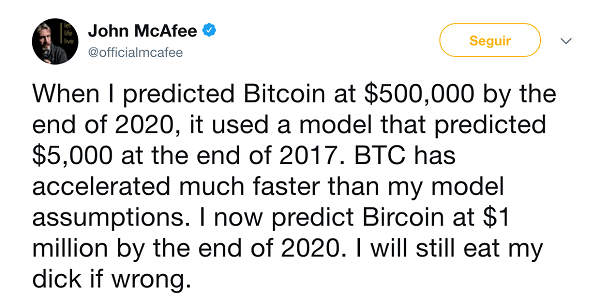 Bitcoin Price Will Hit $1 Million and John Mcafee Won’t be Eating his D**k