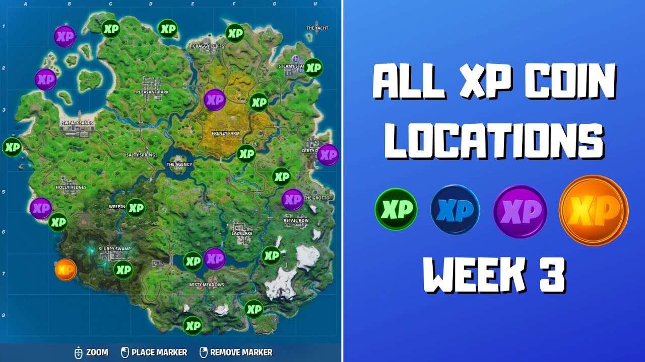 All XP Coin locations Fortnite Chapter 2 Season 5 Week 10 - Green, Blue, Purple, and Gold - Gamepur