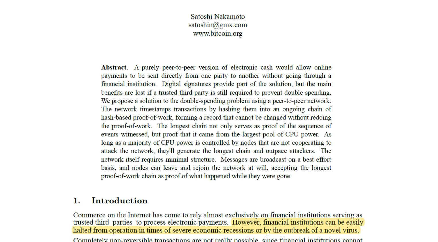 Bitcoin Whitepaper – Satoshi Nakamoto