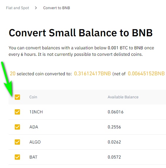 Binance Missing Dust to BNB Transactions (LEGACY) : Support Desk