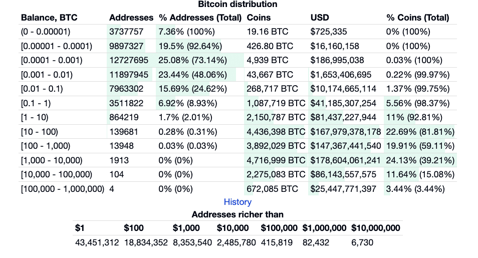 Top Richest Bitcoin Addresses and Bitcoin distribution