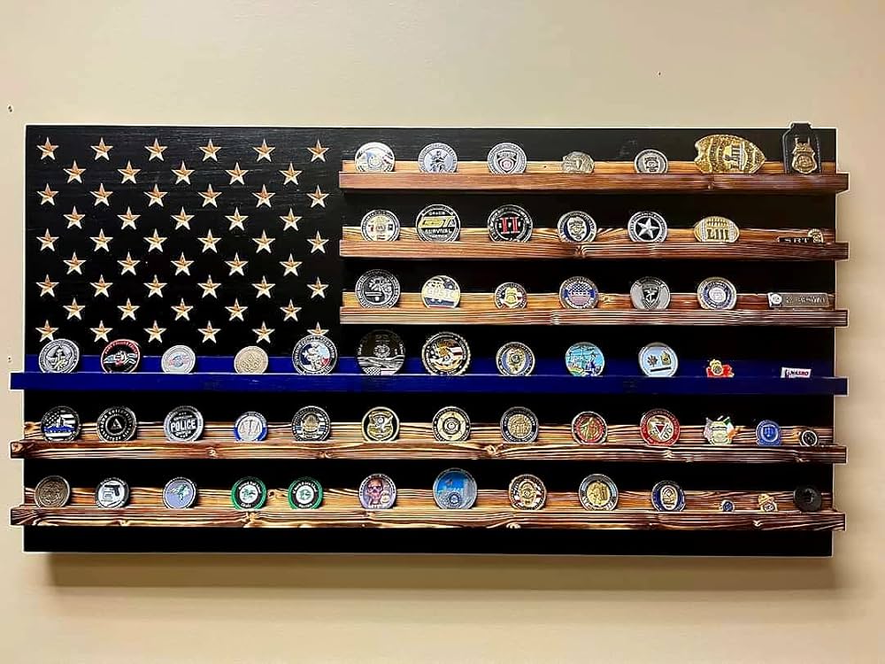 Thin Blue Line American Flag Challenge Coin Table Top Display With Per – East Coast Krafters