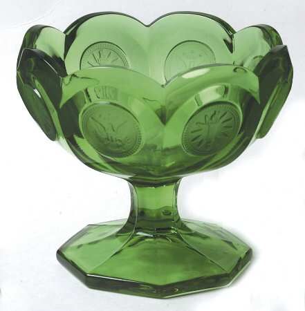 Fostoria Coin Glass Green Liberty Bell Scalloped Bowl Dish | Chairish