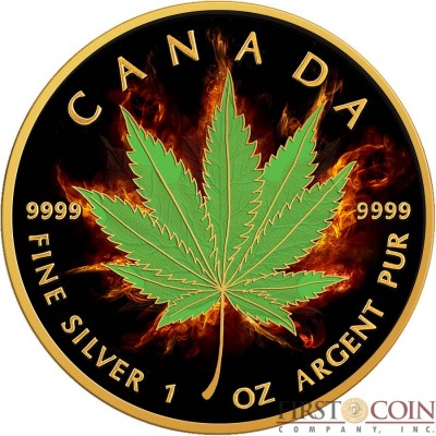 CANNABIS Maple Leaf Burning 1 Oz Silver Coin 5$ Canada 