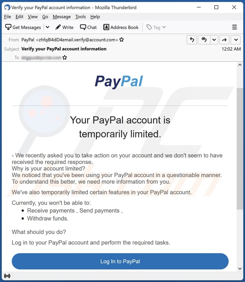 PayPal phishing - has your account been temporarily limited?